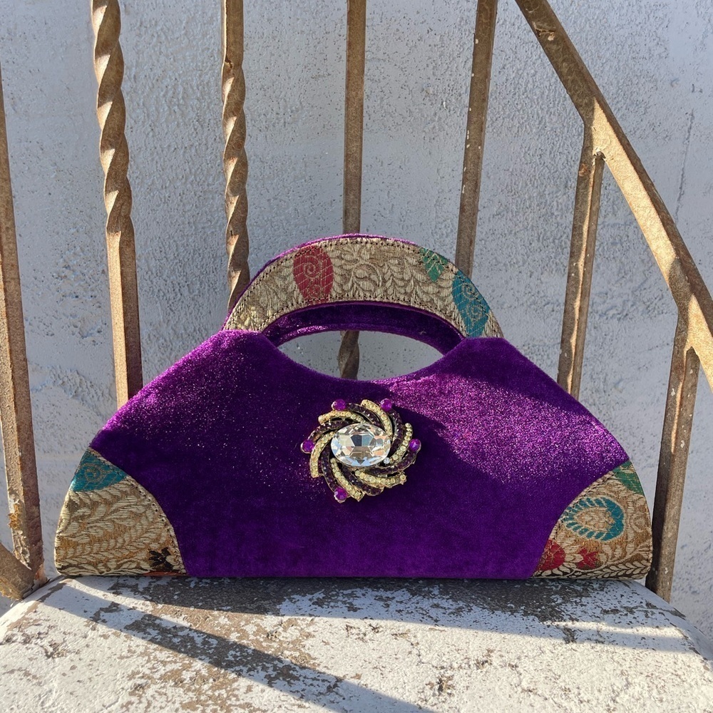 Purple Velvet Clutch with Embellished Brooch - Picture 11 of 12